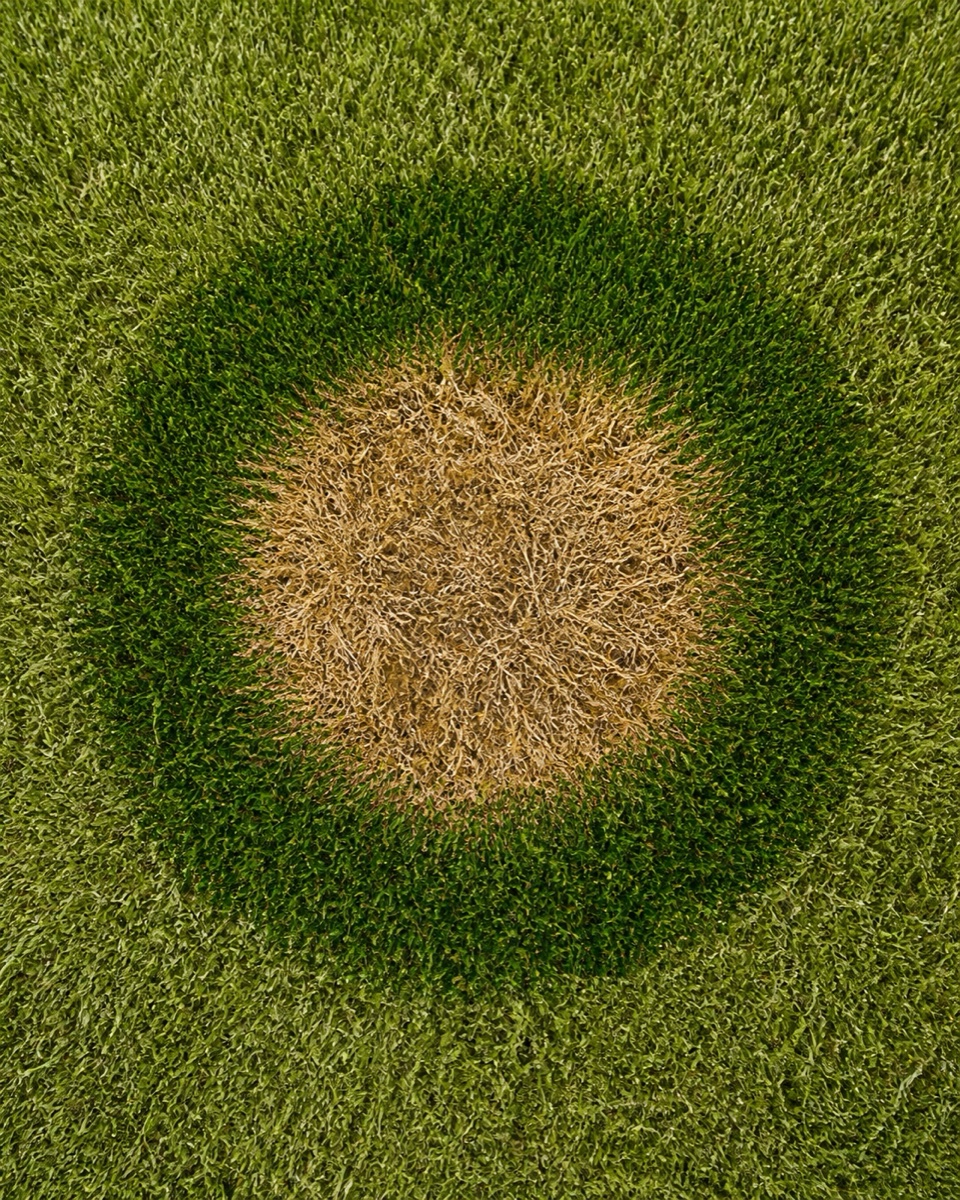 Top-down view of a straw-brown lawn spot surrounded by a darker green ring